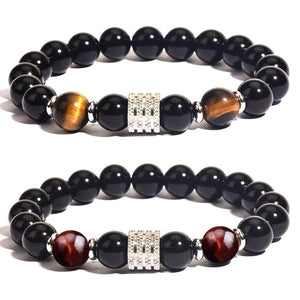 Stainless Steel Tiger Eye Obsidian Bright Black Beads Men's Bracelet
