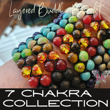 Load image into Gallery viewer, Layered Buddha Bracelet featuring Chakra Stones- Volcanic Black
