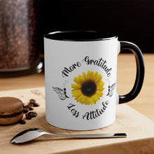 Load image into Gallery viewer, www.lovekimmycatalog.com black handle white face Sunflower Coffee Mug that says more gratitude less attitude
