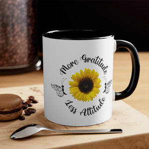 www.lovekimmycatalog.com black handle white face Sunflower Coffee Mug that says more gratitude less attitude