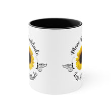 Load image into Gallery viewer, www.lovekimmycatalog.com black handle white face Sunflower Coffee Mug that says more gratitude less attitudeside view black Sunflower Coffee Mug
