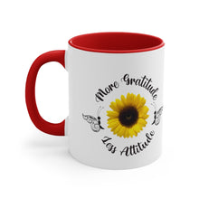 Load image into Gallery viewer, www.lovekimmycatalog.com red handle white face Sunflower Coffee Mug that says more gratitude less attitude
