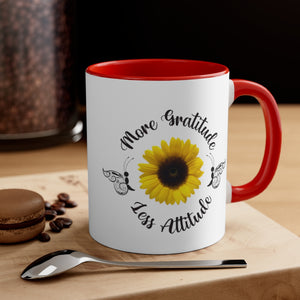www.lovekimmycatalog.com red handle white face Sunflower Coffee Mug that says more gratitude less attitude