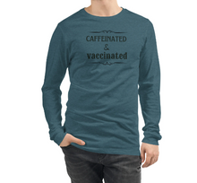 画像をギャラリービューアに読み込む, www.lovekimmycatalog.com blue teal Men&#39;s Long Sleeve Statement Shirt- Caffeinated &amp; Vaccinated
