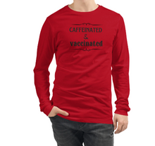 将图片加载到图库查看器，www.lovekimmycatalog.com red Men&#39;s Long Sleeve Statement Shirt- Caffeinated &amp; Vaccinated
