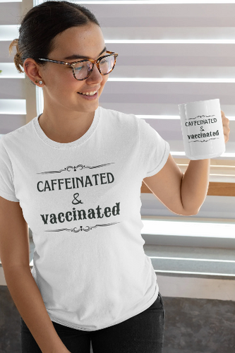www.lovekimmycatalog.com white Vaccinated Coffee Lovers Statement Tee