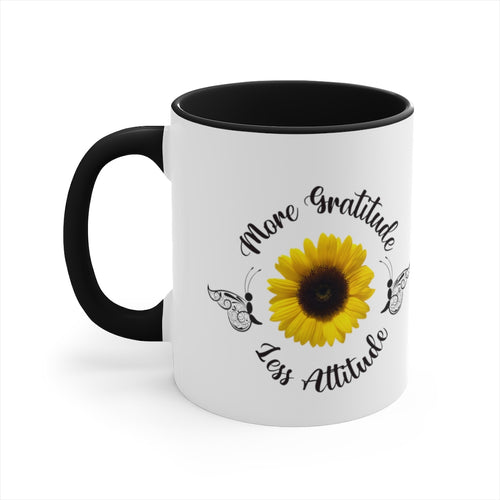 www.lovekimmycatalog.com black handle white face Sunflower Coffee Mug that says more gratitude less attitude