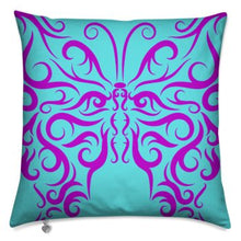 Load image into Gallery viewer, Reversible Pillow Throw in a Butterfly Theme Purple, Green, &amp; Blue
