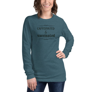 www.lovekimmycatalog.com teal Womans long sleeved Statement Shirt- Caffeinated & Vaccinated