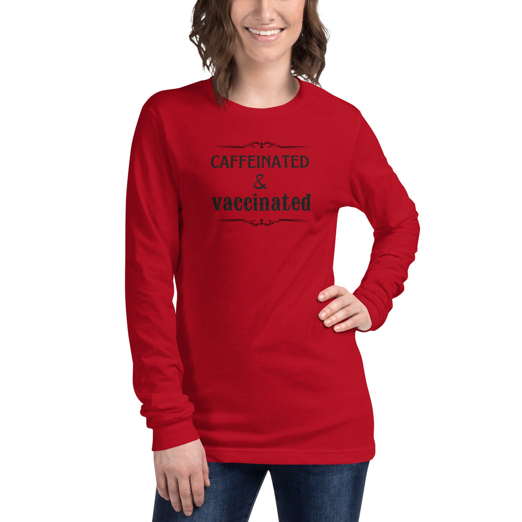 www.lovekimmycatalog.com red Womans long sleeved Statement Shirt- Caffeinated & Vaccinated