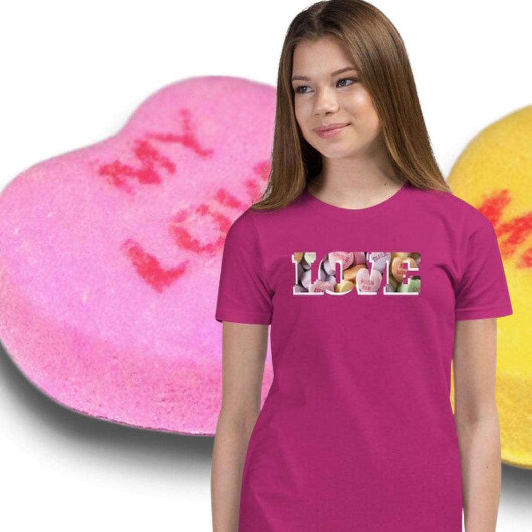 www.lovekimmycatalog.com Junior Graphic Tee  Candy Heart Graphics berry