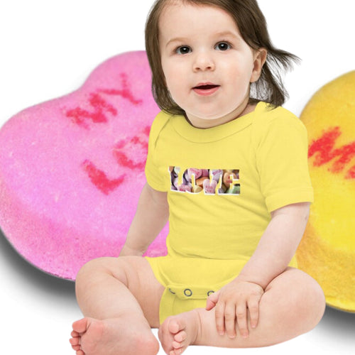 www.lovekimmycatalog.com Baby One Piece Candy Hearts graphics yellow