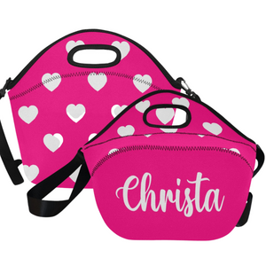 large Small Neoprene Lunch Bag with Hearts- Hot Pink
