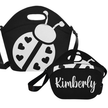 Cargar imagen en el visor de la galería, lovekimmycatalog.com Neoprene Lunch Bag-  Black Ladybug large
