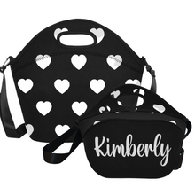 Load image into Gallery viewer, lovekimmycatalog.com large Neoprene Lunch Bag with Hearts- Black
