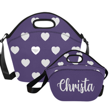 Load image into Gallery viewer, lovekimmycatalog.com large Neoprene Lunch Bag with Hearts- Purple
