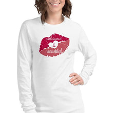 Load image into Gallery viewer, https://www.lovekimmycatalog.com/collections/long-sleeve-cotton-graphic-apparel/products/womans-statement-shirt-caffeinated-vaccinated
