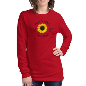 www.lovekimmycatalog.com red long sleeve womans top with sunflower and inspirational words more gratitude and less attitude