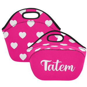 Small Neoprene Lunch Bag with Hearts- Hot Pink