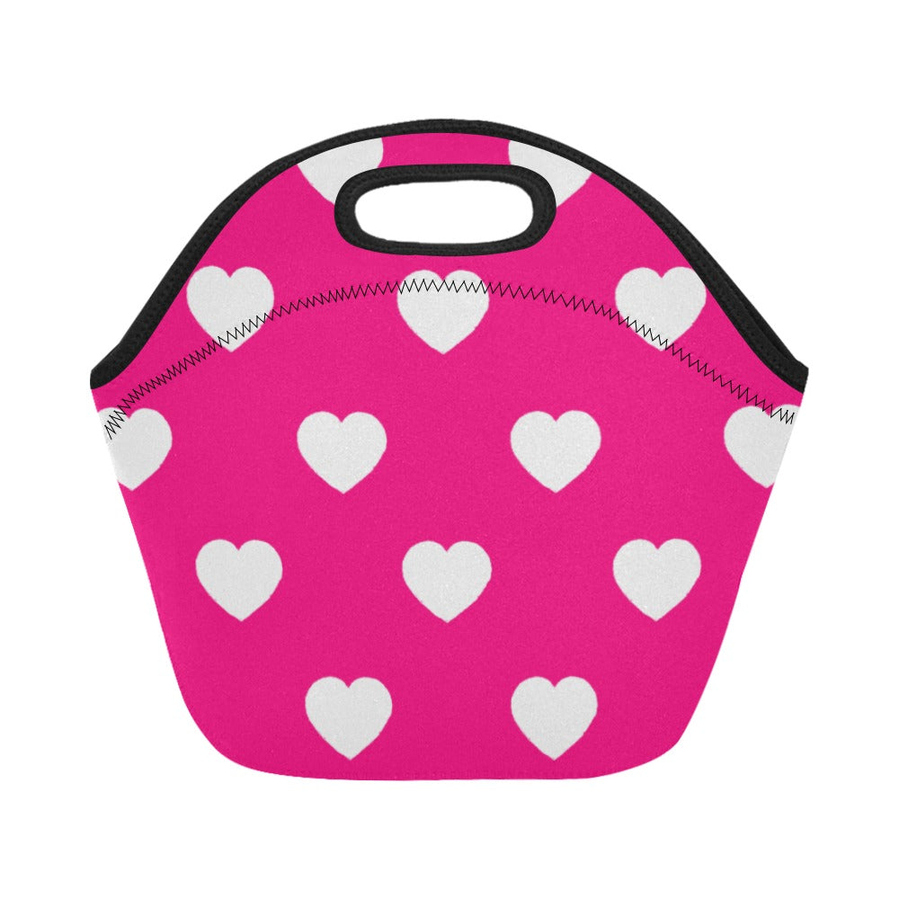 Small Neoprene Lunch Bag with Hearts- Hot Pink