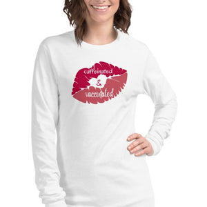 www.lovekimmycatalog.com Woman's Statement Shirt- Caffeinated & Vaccinated white